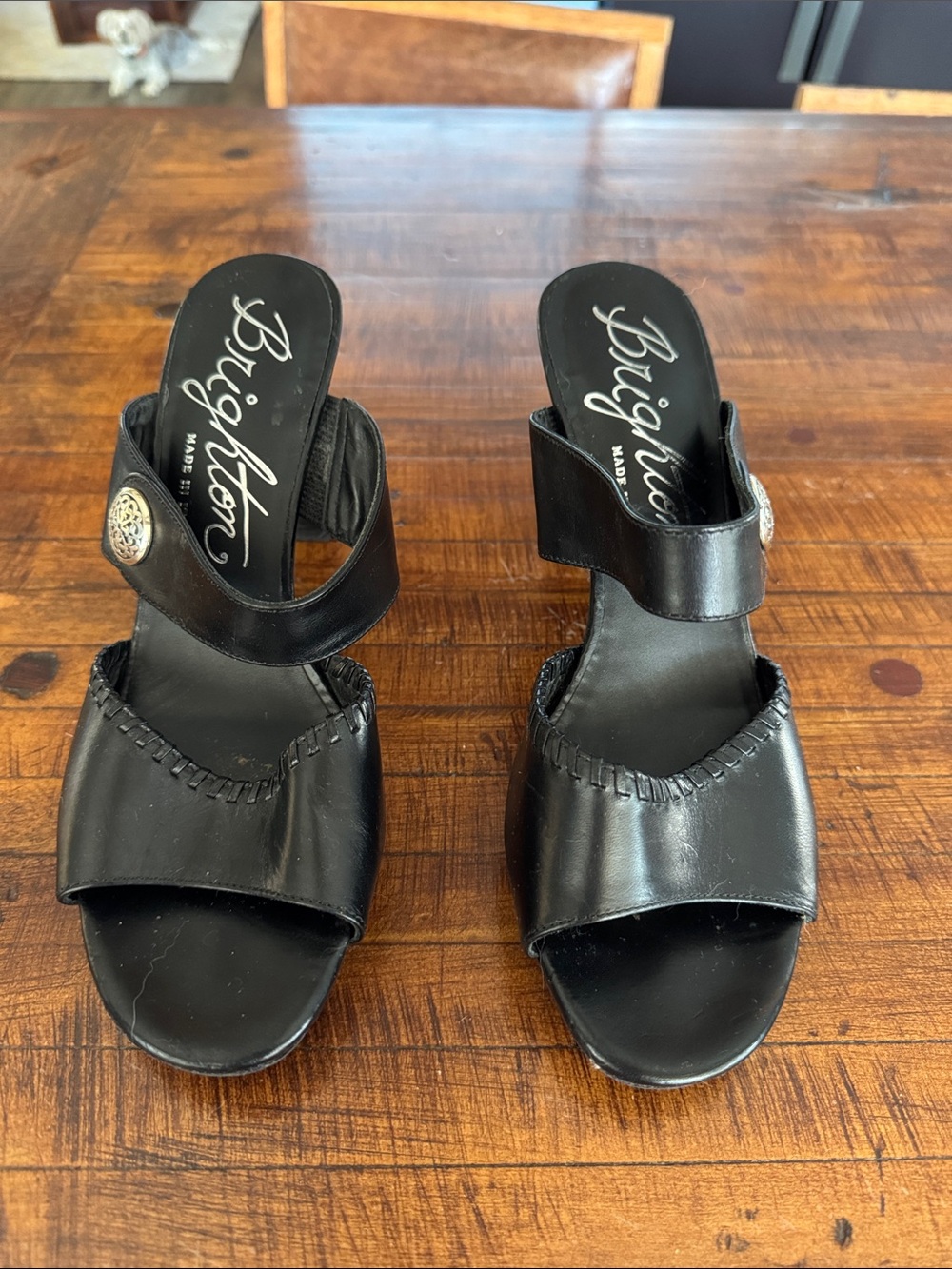 Brighton Black Leather Slide Mules with Decorative Button